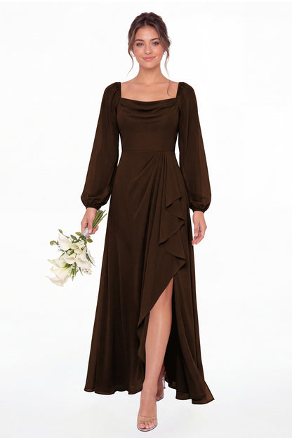 Brown Cowl Neck Long Sleeve Chiffon Slit Maxi Dress - Front View