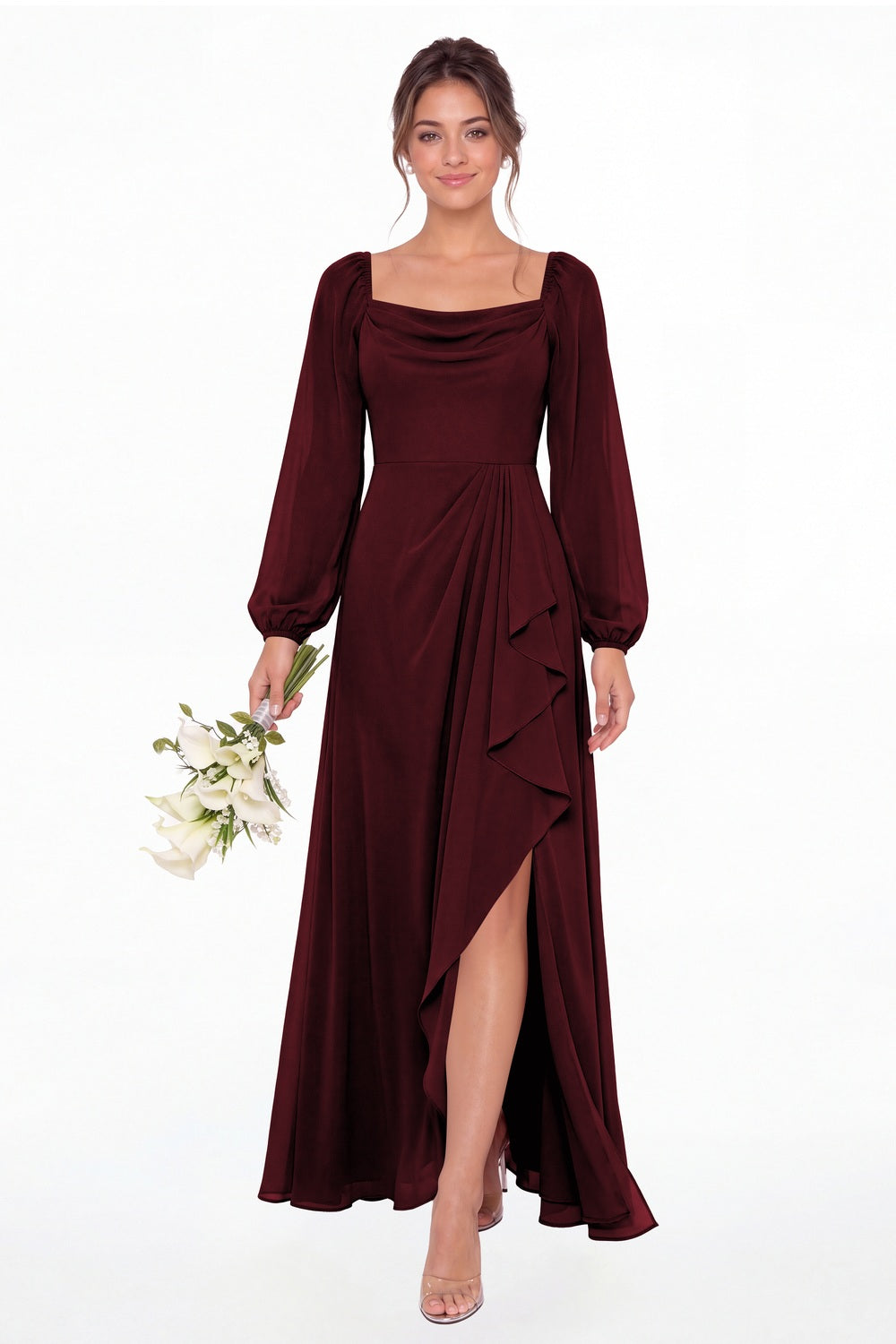 Burgundy Cowl Neck Long Sleeve Chiffon Slit Maxi Dress - Front View