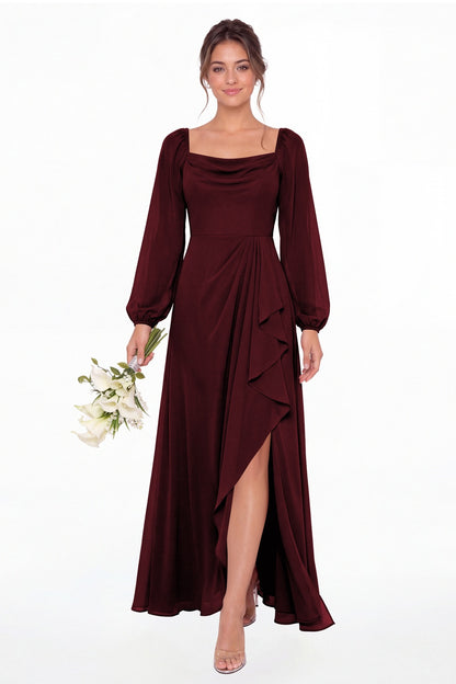 Burgundy Cowl Neck Long Sleeve Chiffon Slit Maxi Dress - Front View