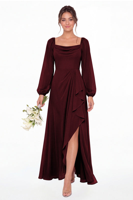 Burgundy Cowl Neck Long Sleeve Chiffon Slit Maxi Dress - Front View