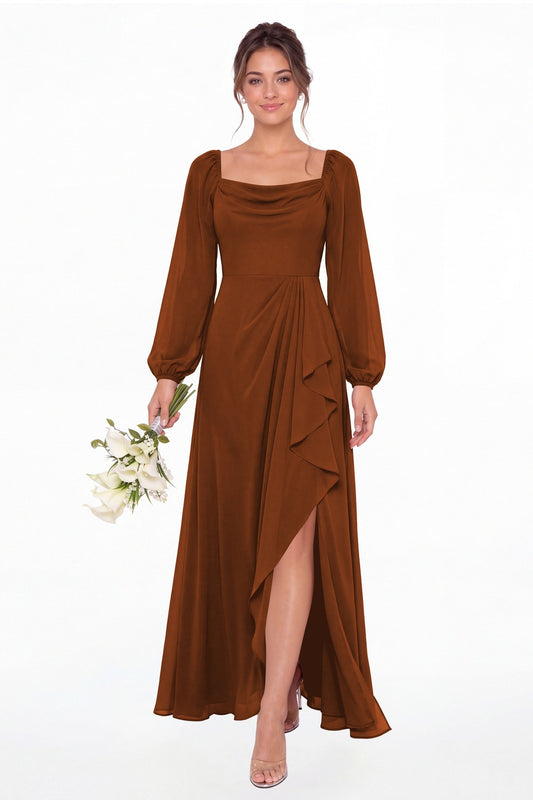 Burnt Orange Cowl Neck Long Sleeve Chiffon Slit Maxi Dress - Front View