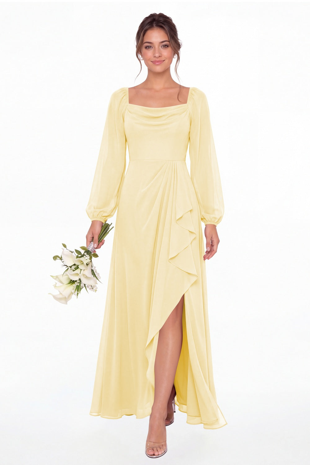 Butter Yellow Cowl Neck Long Sleeve Chiffon Slit Maxi Dress - Front View