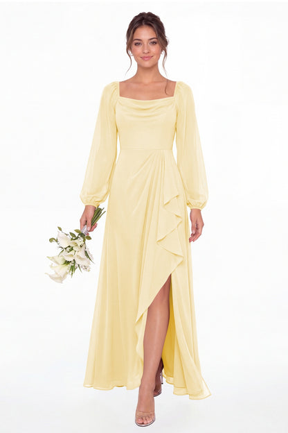 Butter Yellow Cowl Neck Long Sleeve Chiffon Slit Maxi Dress - Front View