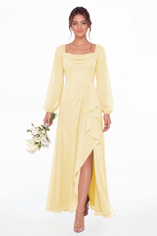 Butter Yellow Cowl Neck Long Sleeve Chiffon Slit Maxi Dress - Front View