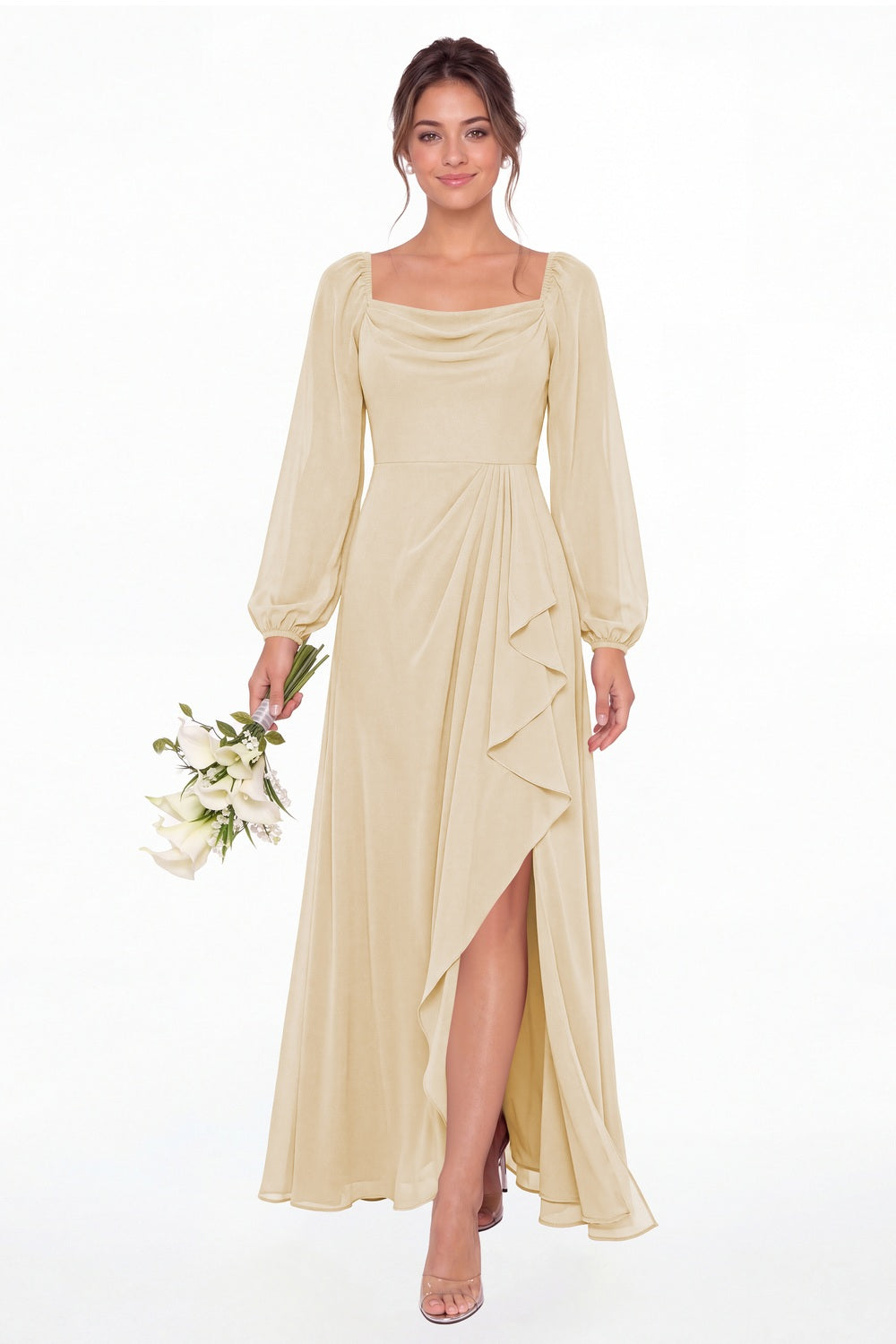 Champagne Cowl Neck Long Sleeve Chiffon Slit Maxi Dress - Front View