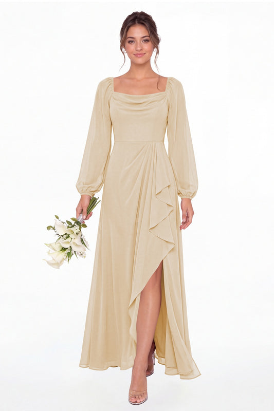 Champagne Cowl Neck Long Sleeve Chiffon Slit Maxi Dress - Front View