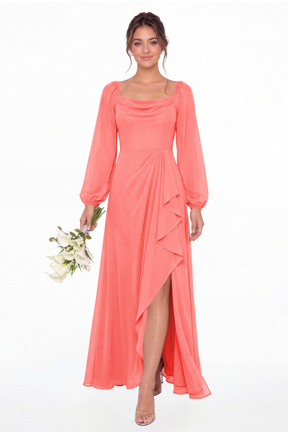 Coral Cowl Neck Long Sleeve Chiffon Slit Maxi Dress - Front View