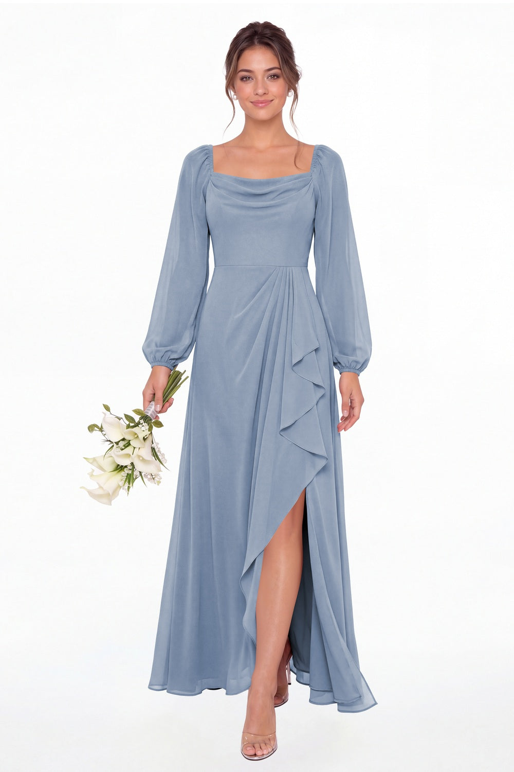 Dusty Blue Cowl Neck Long Sleeve Chiffon Slit Maxi Dress - Front View