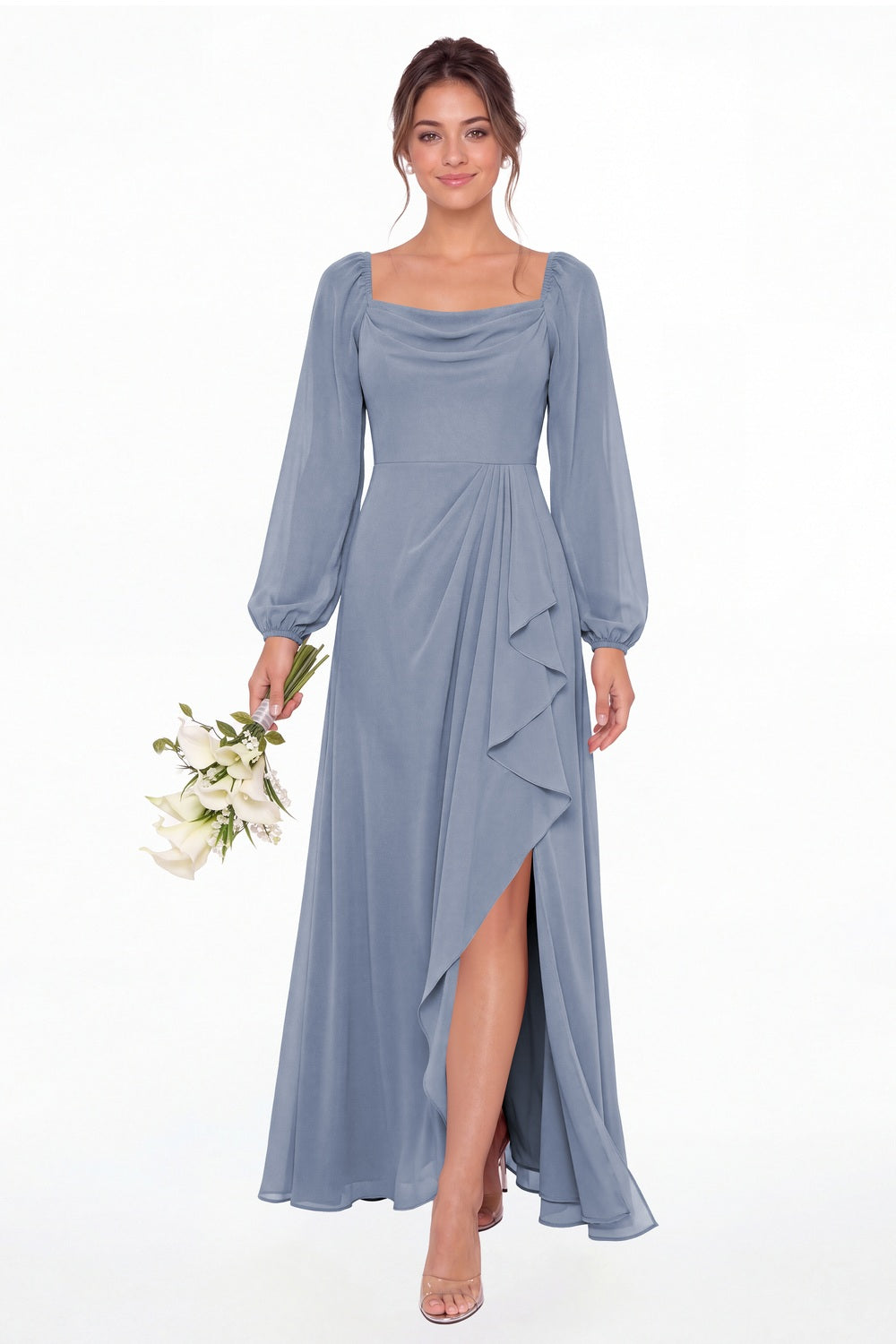 Dusty Blue Cowl Neck Long Sleeve Chiffon Slit Maxi Dress - Front View