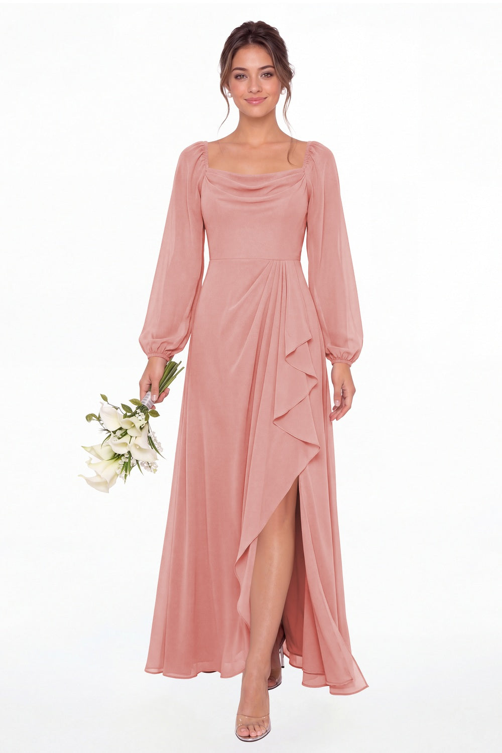 Dusty Rose Cowl Neck Long Sleeve Chiffon Slit Maxi Dress - Front View