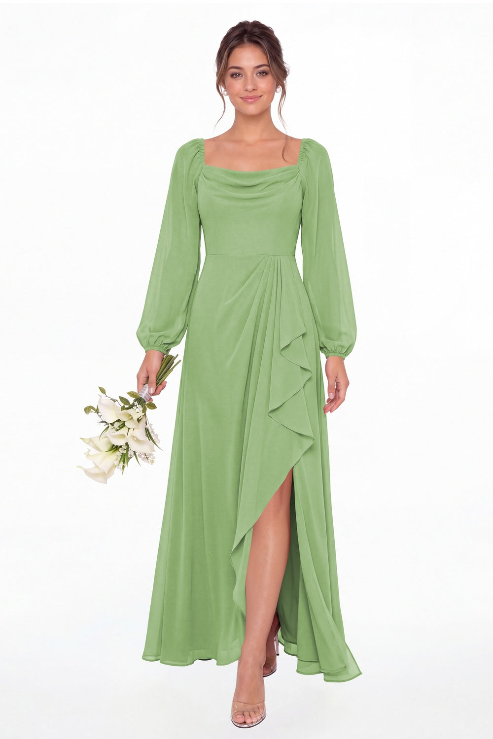 Dusty Sage Cowl Neck Long Sleeve Chiffon Slit Maxi Dress - Front View