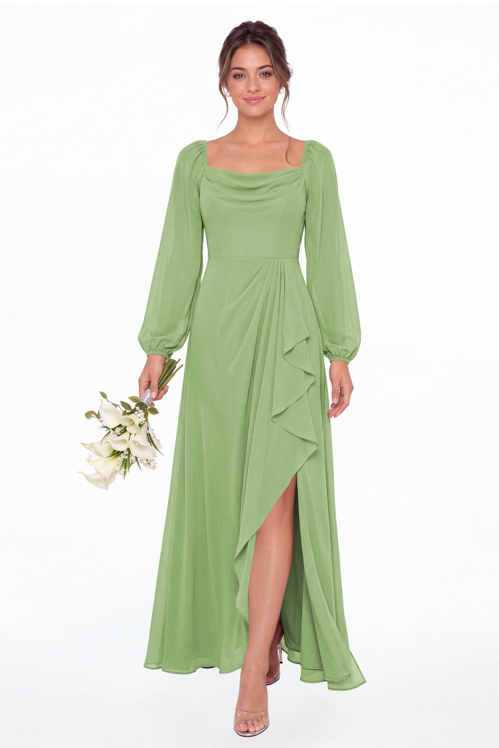 Dusty Sage Cowl Neck Long Sleeve Chiffon Slit Maxi Dress - Front View