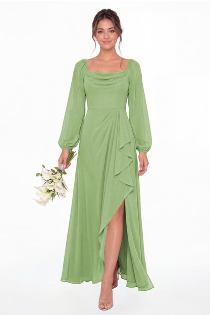 Dusty Sage Cowl Neck Long Sleeve Chiffon Slit Maxi Dress - Front View