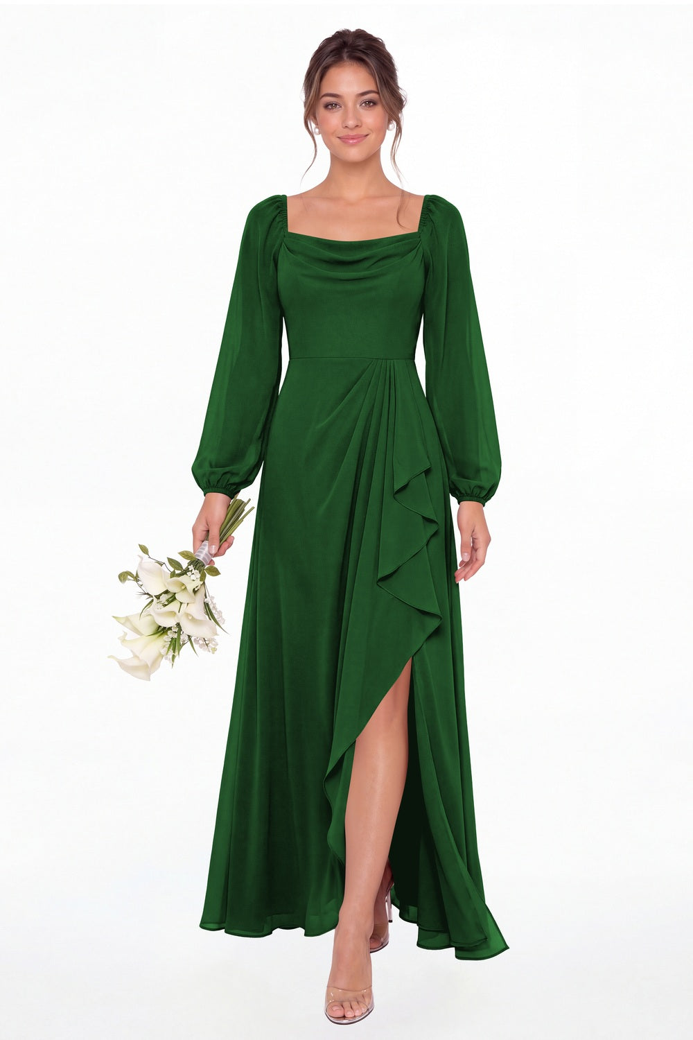 Emerald Green Cowl Neck Long Sleeve Chiffon Slit Maxi Dress - Front View