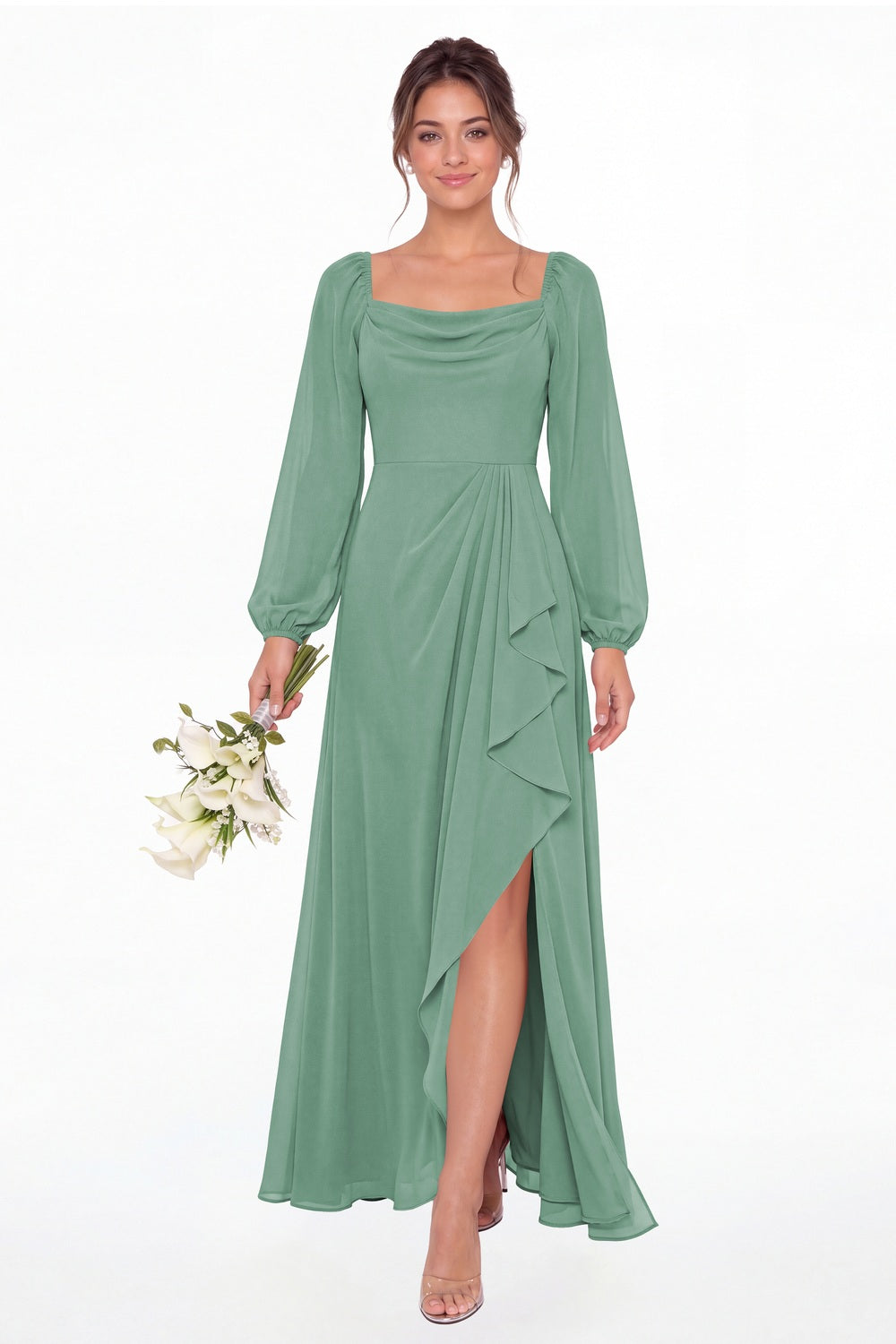 Eucalyptus Cowl Neck Long Sleeve Chiffon Slit Maxi Dress - Front View