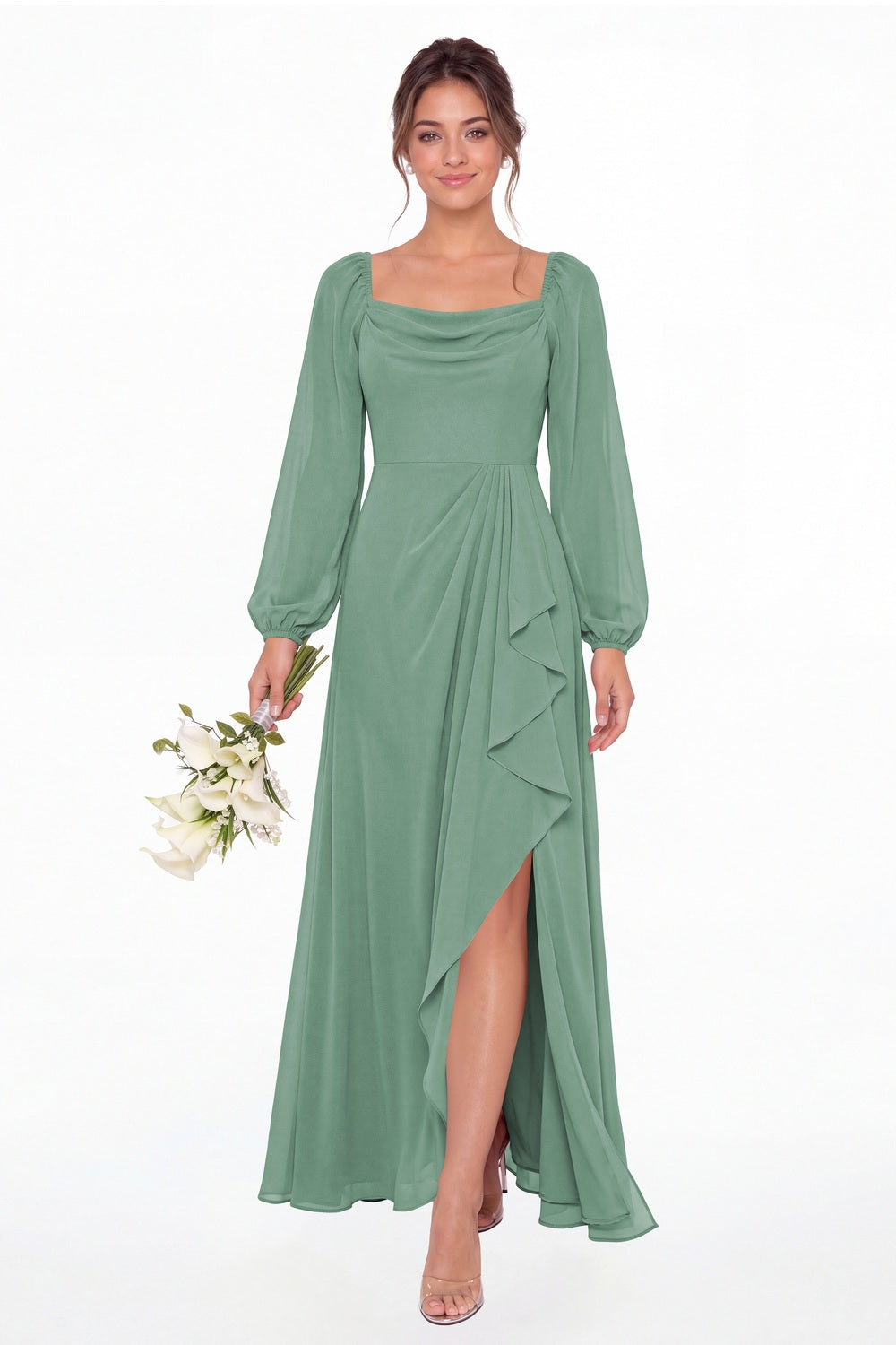 Eucalyptus Cowl Neck Long Sleeve Chiffon Slit Maxi Dress - Front View