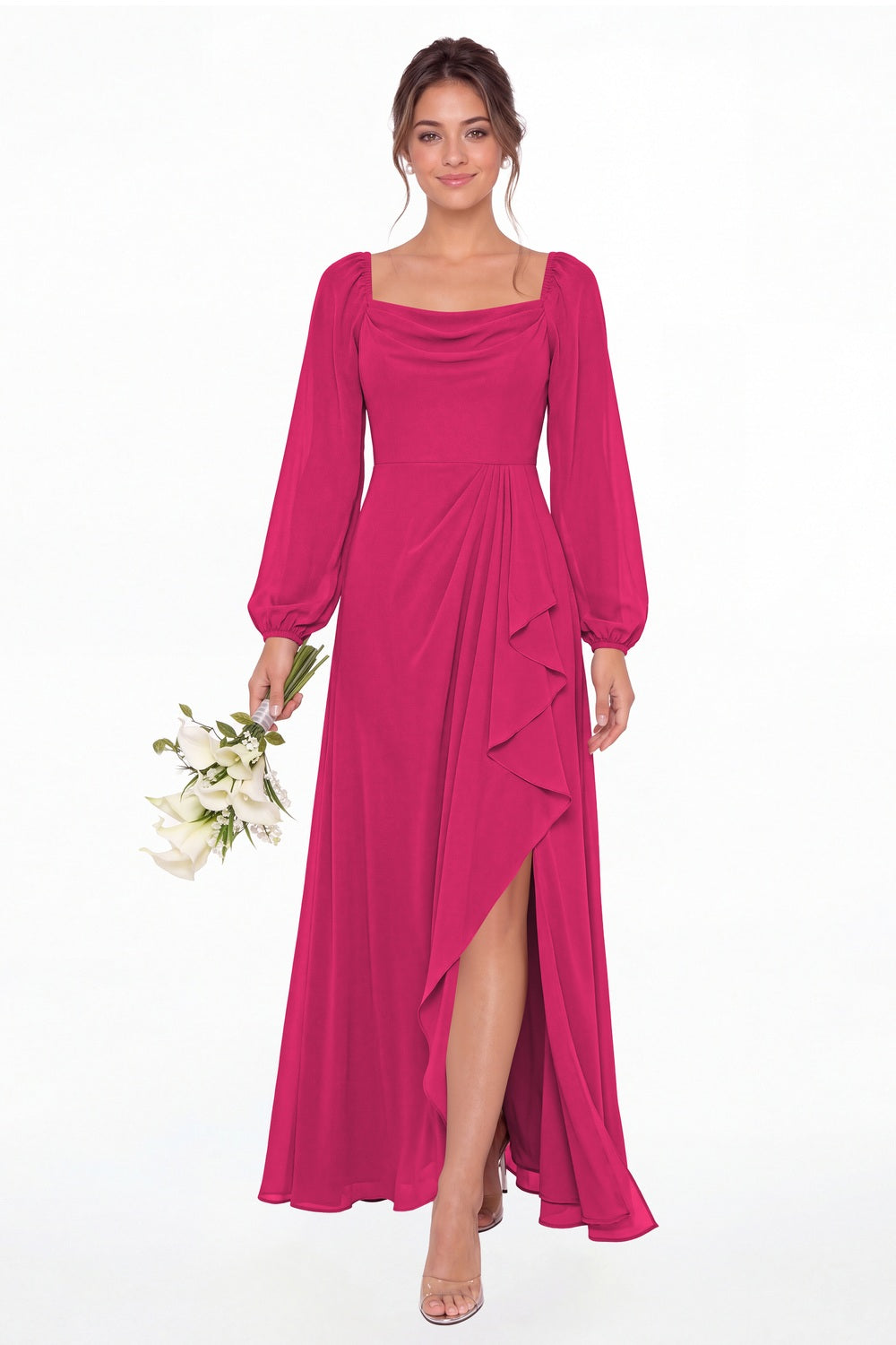 Fuchsia Cowl Neck Long Sleeve Chiffon Slit Maxi Dress - Front View