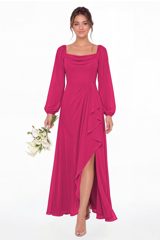 Fuchsia Cowl Neck Long Sleeve Chiffon Slit Maxi Dress - Front View
