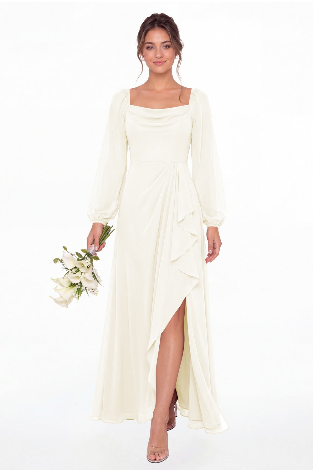 Ivory Cowl Neck Long Sleeve Chiffon Slit Maxi Dress - Front View
