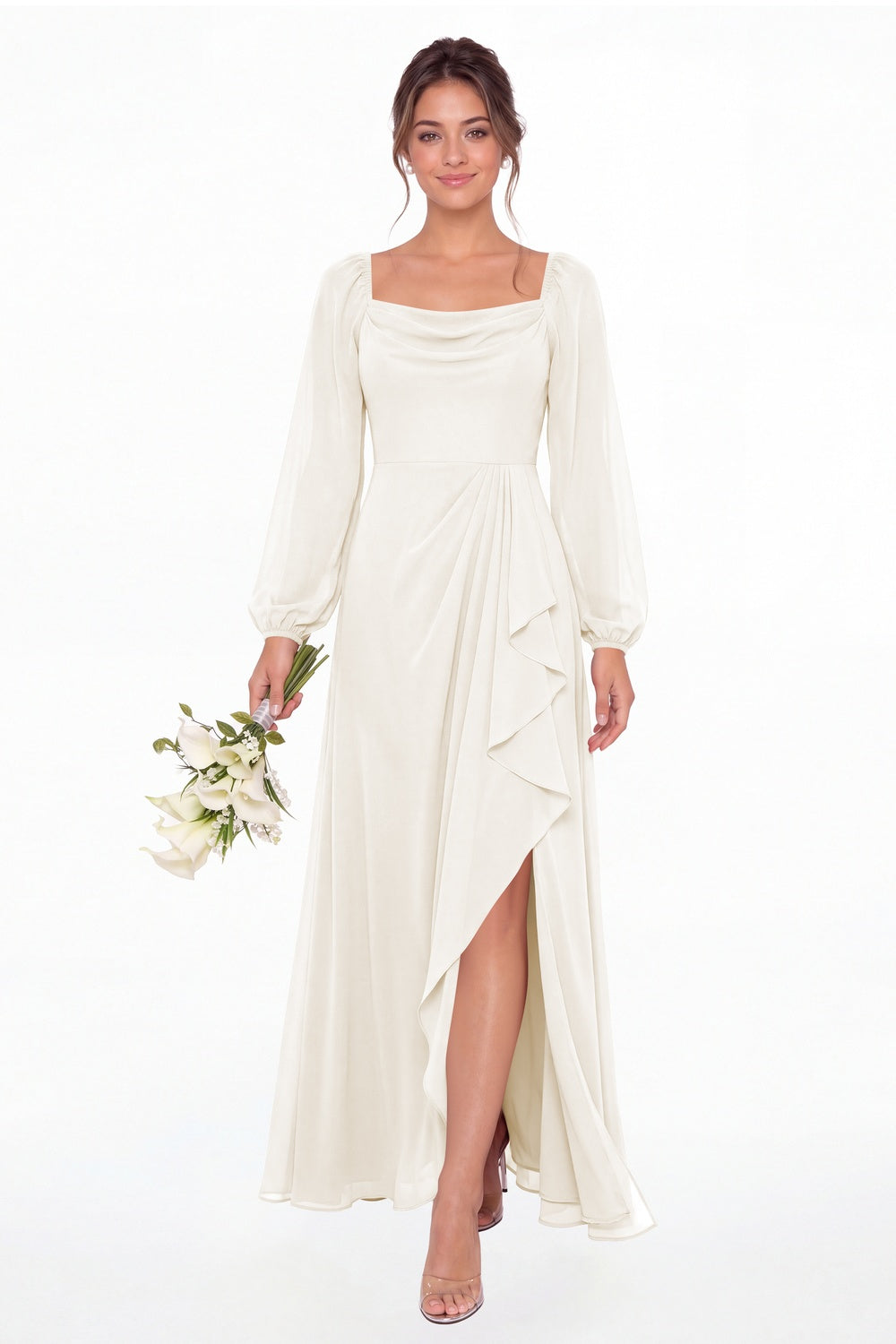 Ivory Cowl Neck Long Sleeve Chiffon Slit Maxi Dress - Front View