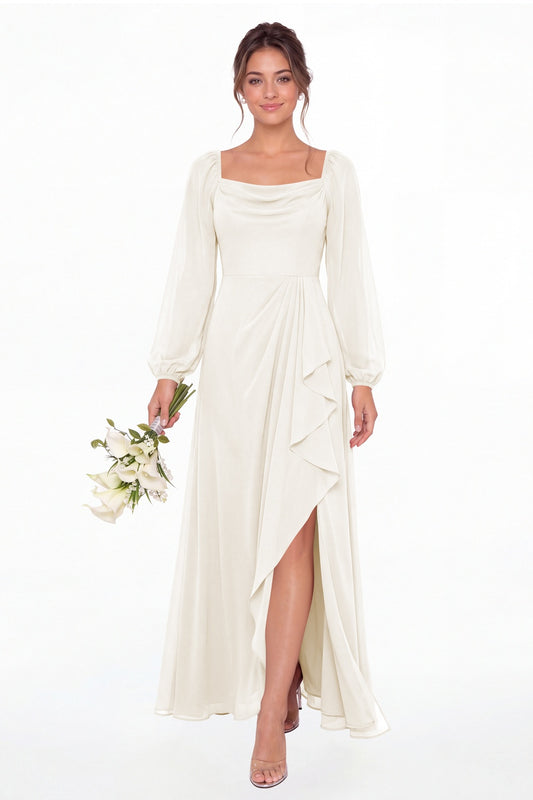 Ivory Cowl Neck Long Sleeve Chiffon Slit Maxi Dress - Front View