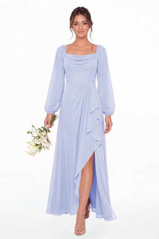 Lavender Cowl Neck Long Sleeve Chiffon Slit Maxi Dress - Front View
