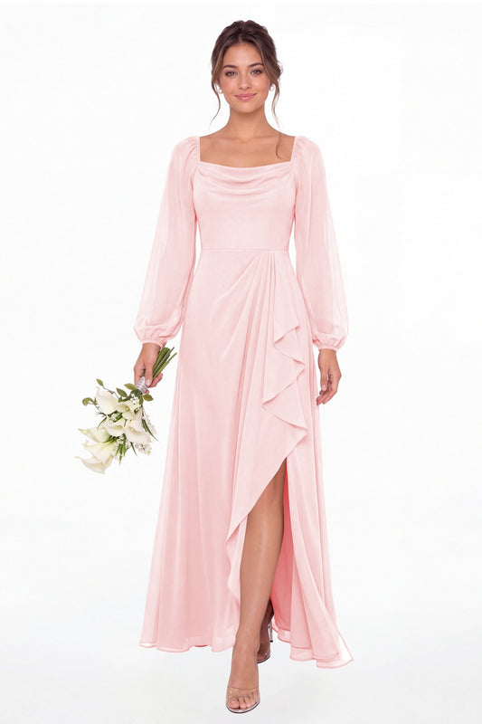 Light Pink Cowl Neck Long Sleeve Chiffon Slit Maxi Dress - Front View