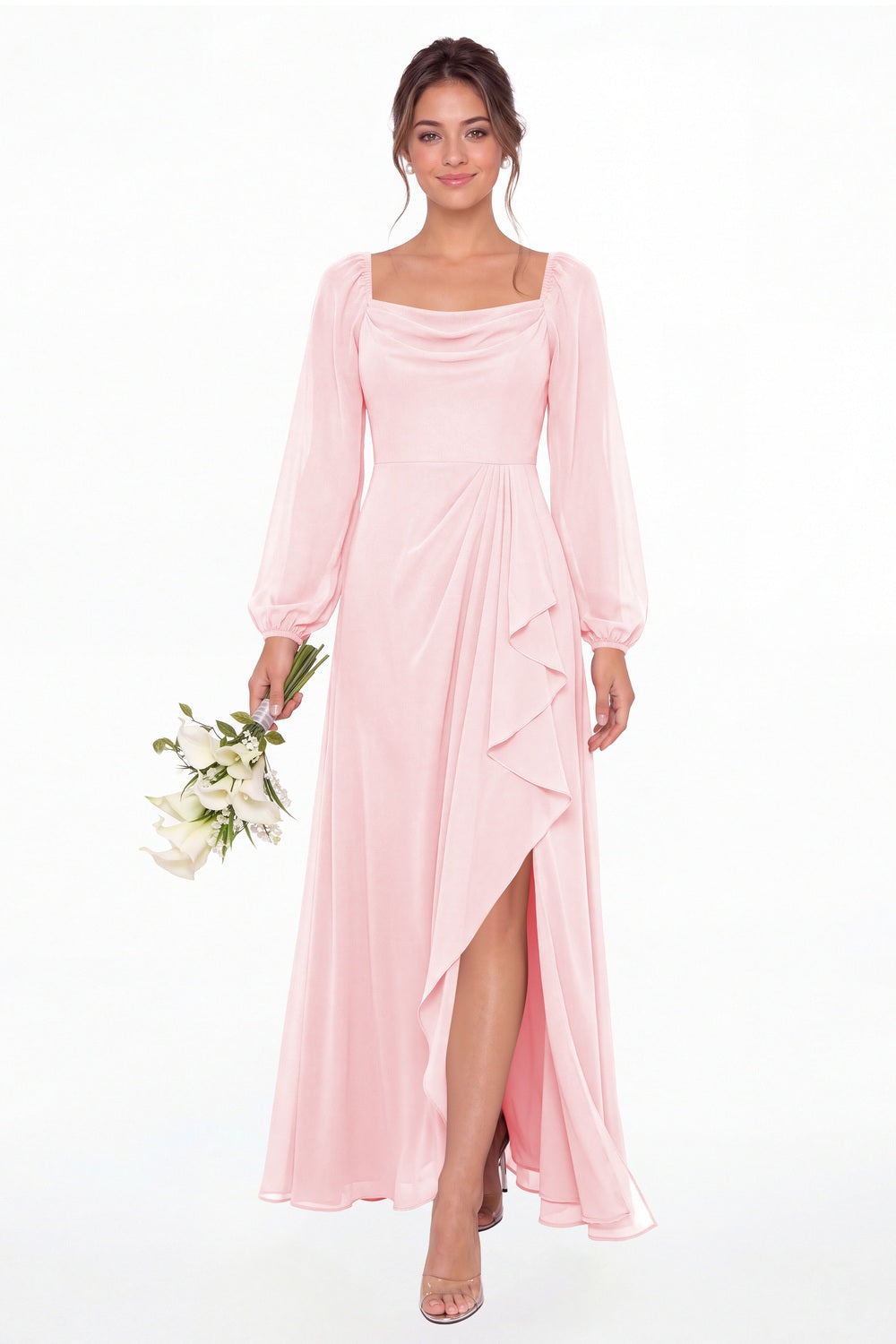 Light Pink Cowl Neck Long Sleeve Chiffon Slit Maxi Dress - Front View