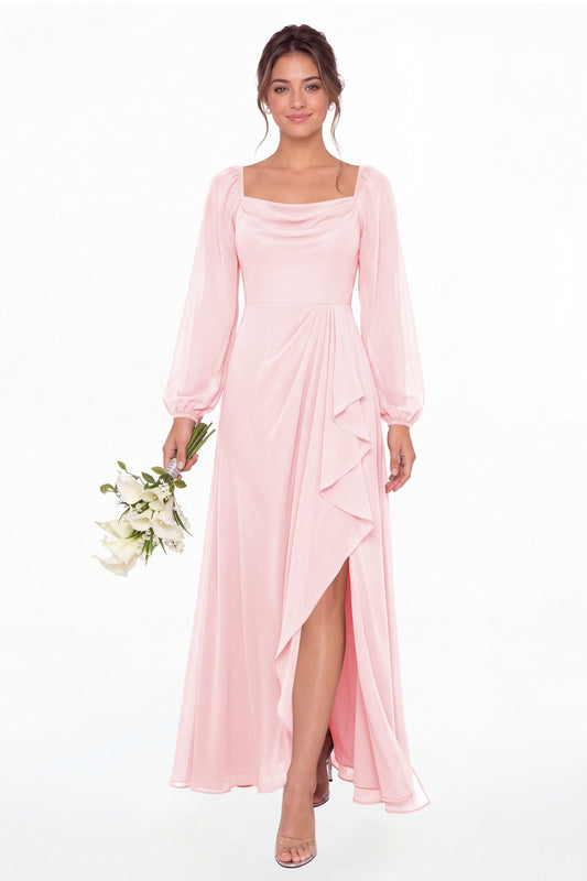 Light Pink Cowl Neck Long Sleeve Chiffon Slit Maxi Dress - Front View