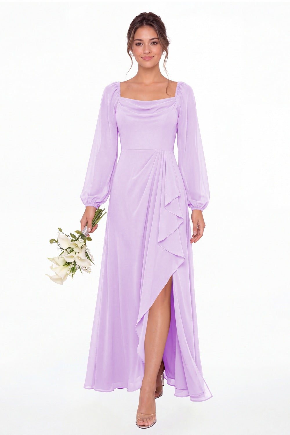 Lilac Cowl Neck Long Sleeve Chiffon Slit Maxi Dress - Front View