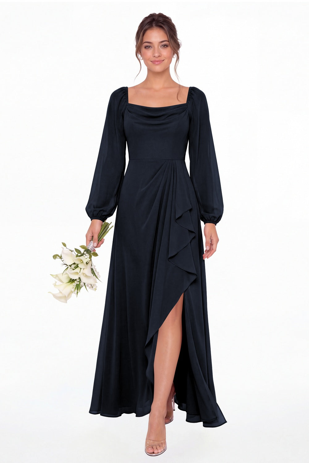 Navy Blue Cowl Neck Long Sleeve Chiffon Slit Maxi Dress - Front View