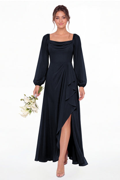 Navy Blue Cowl Neck Long Sleeve Chiffon Slit Maxi Dress - Front View