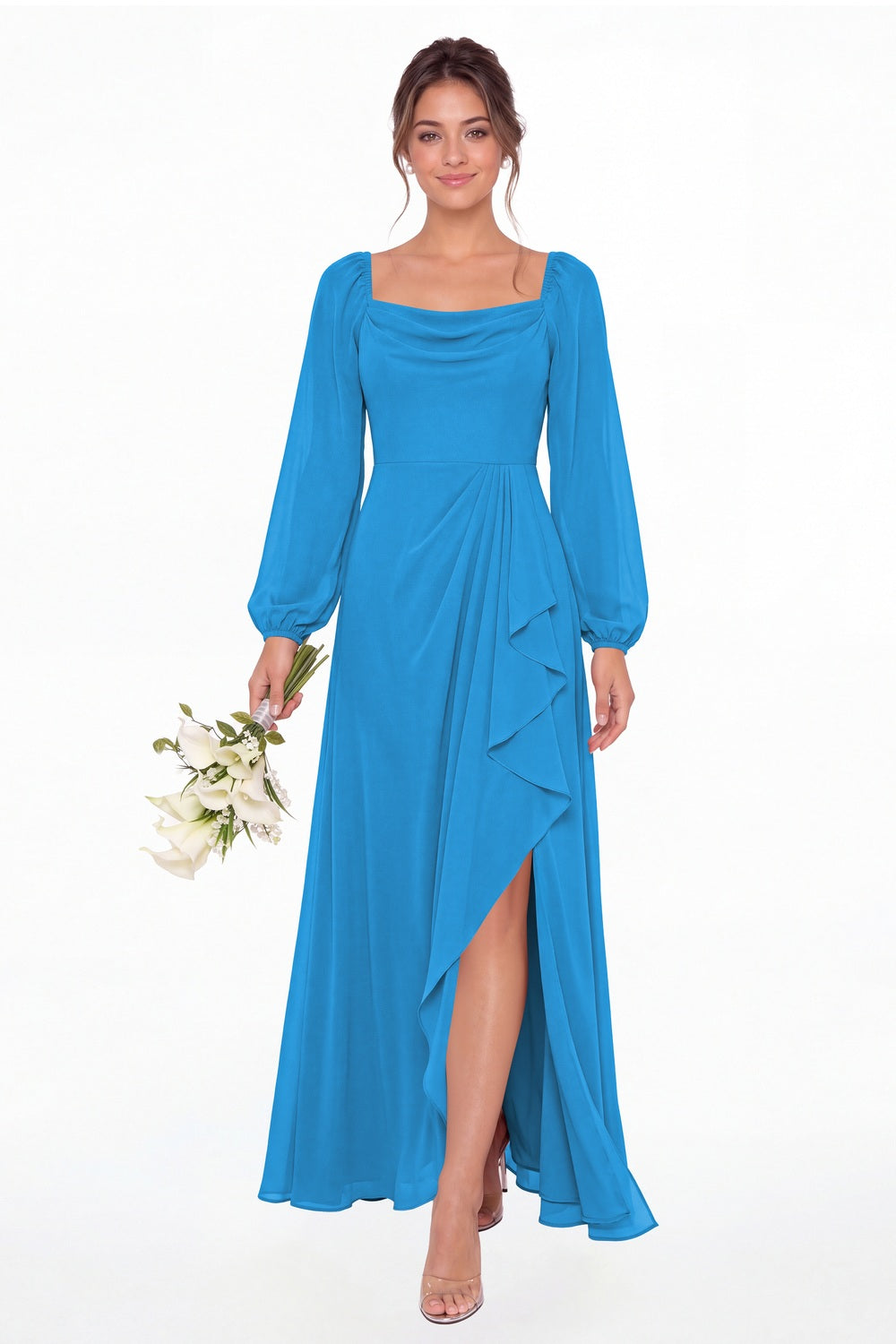 Ocean Blue Cowl Neck Long Sleeve Chiffon Slit Maxi Dress - Front View
