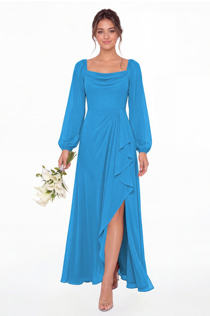 Ocean Blue Cowl Neck Long Sleeve Chiffon Slit Maxi Dress - Front View
