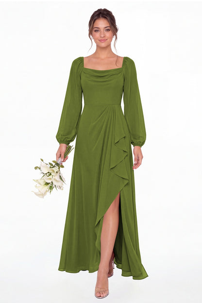 Olive Green Cowl Neck Long Sleeve Chiffon Slit Maxi Dress - Front View