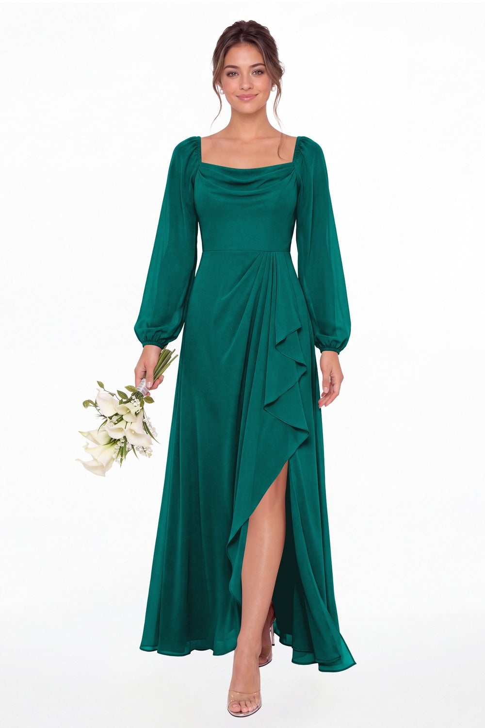 Peacock Cowl Neck Long Sleeve Chiffon Slit Maxi Dress - Front View