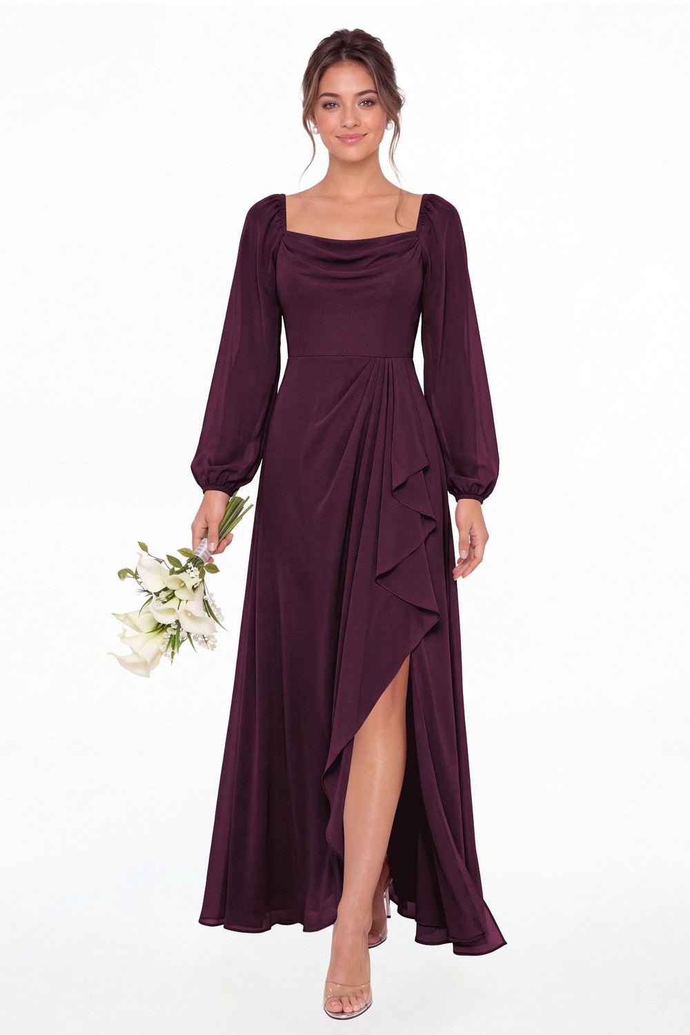 Plum Cowl Neck Long Sleeve Chiffon Slit Maxi Dress - Front View