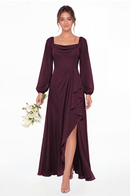 Plum Cowl Neck Long Sleeve Chiffon Slit Maxi Dress - Front View