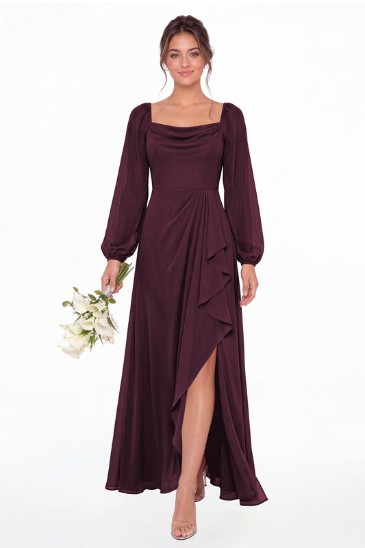 Plum Cowl Neck Long Sleeve Chiffon Slit Maxi Dress - Front View