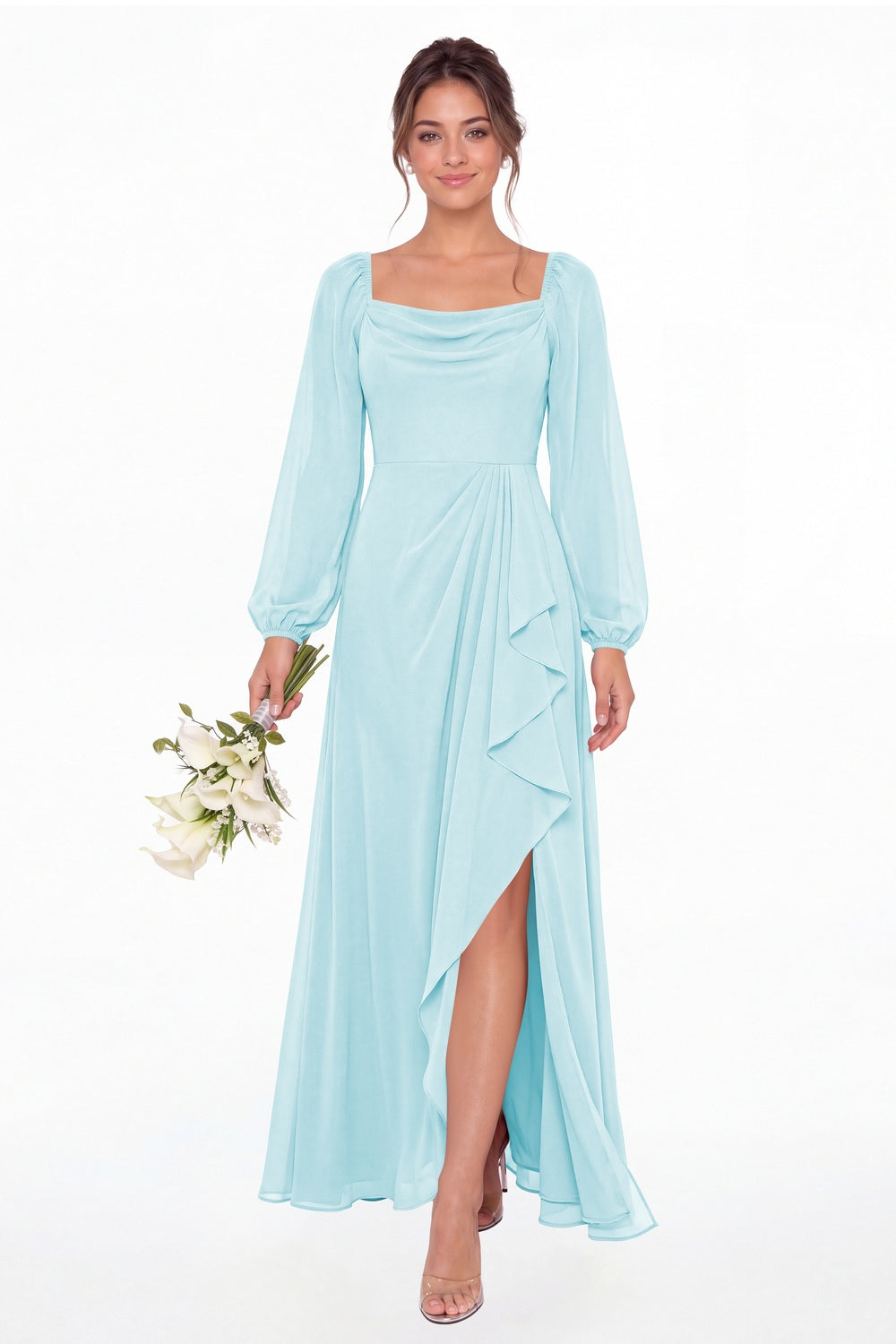 Powder Blue Cowl Neck Long Sleeve Chiffon Slit Maxi Dress - Front View