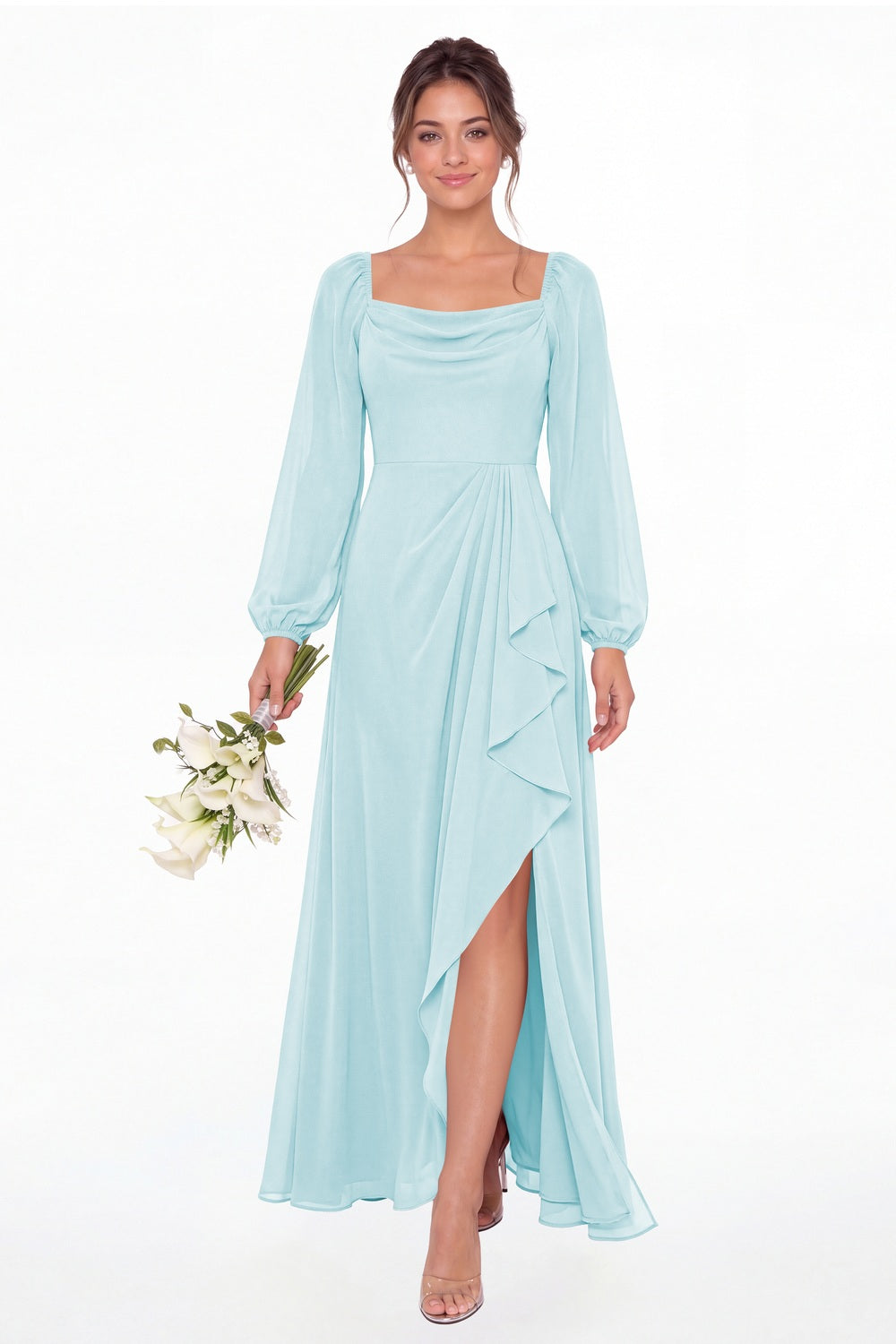 Powder Blue Cowl Neck Long Sleeve Chiffon Slit Maxi Dress - Front View