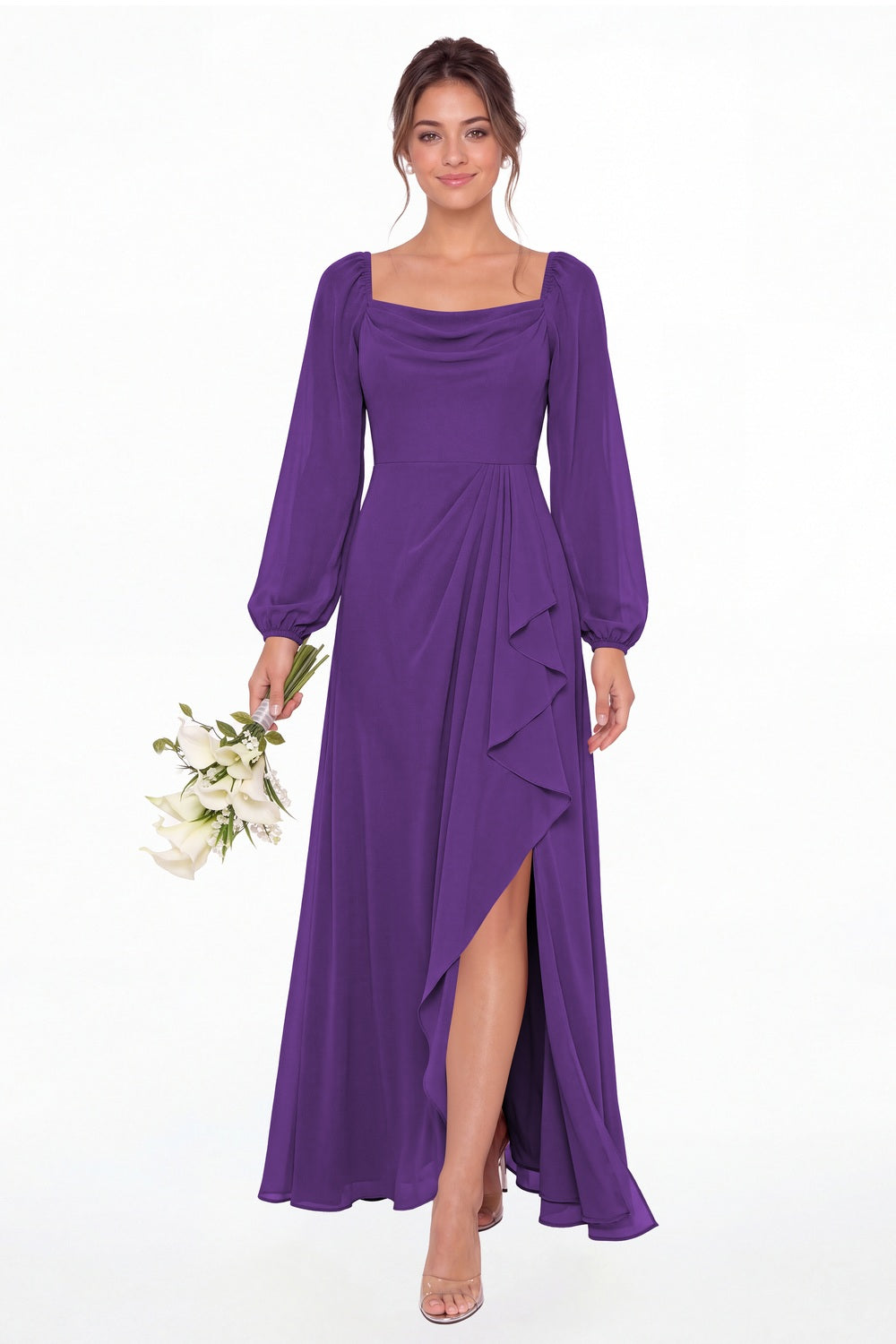 Purple Cowl Neck Long Sleeve Chiffon Slit Maxi Dress - Front View