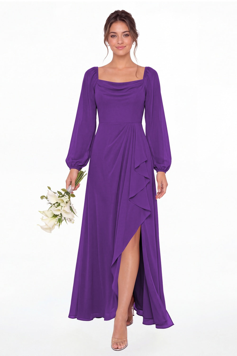 Purple Cowl Neck Long Sleeve Chiffon Slit Maxi Dress - Front View