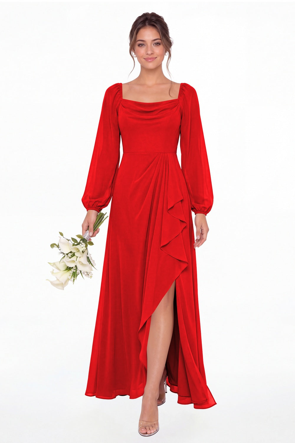 Red Cowl Neck Long Sleeve Chiffon Slit Maxi Dress - Front View