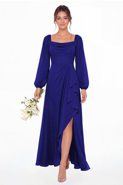 Royal Blue Cowl Neck Long Sleeve Chiffon Slit Maxi Dress - Front View