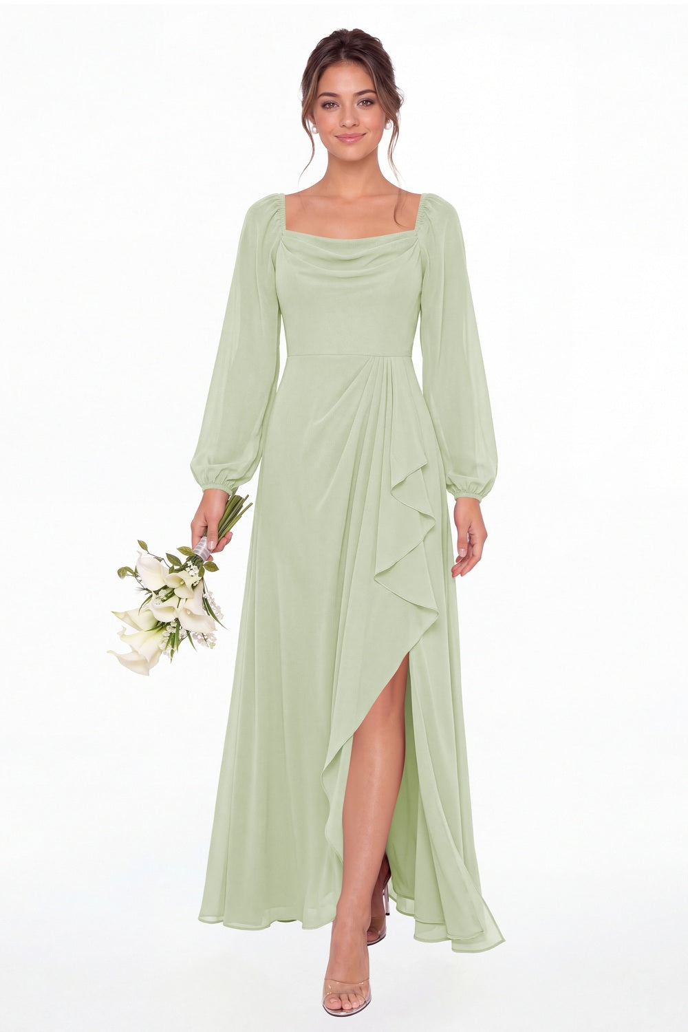 Sage Green Cowl Neck Long Sleeve Chiffon Slit Maxi Dress - Front View