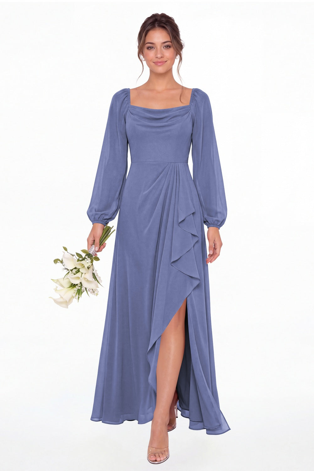 Steel Blue Cowl Neck Long Sleeve Chiffon Slit Maxi Dress - Front View