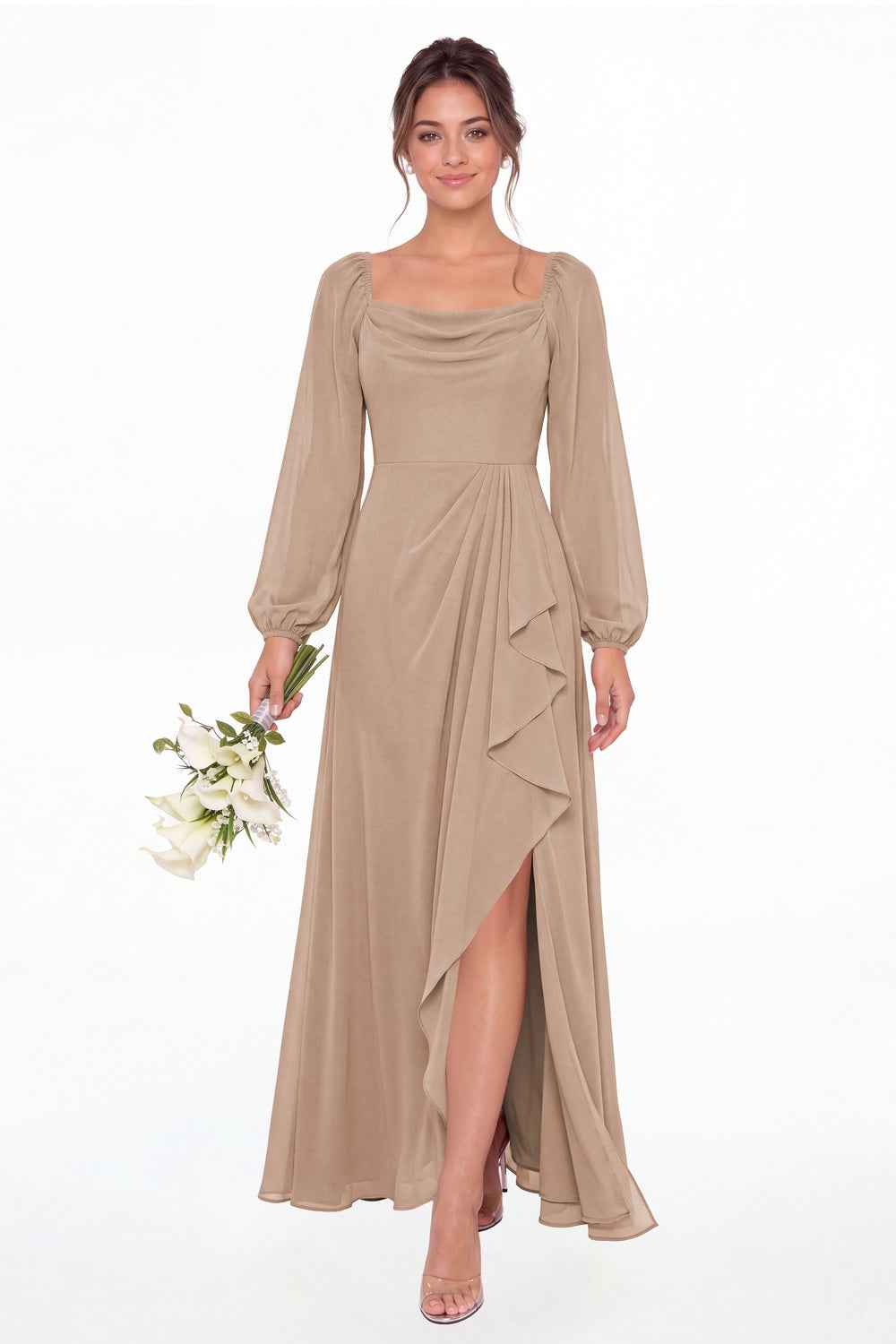 Taupe Cowl Neck Long Sleeve Chiffon Slit Maxi Dress - Front View