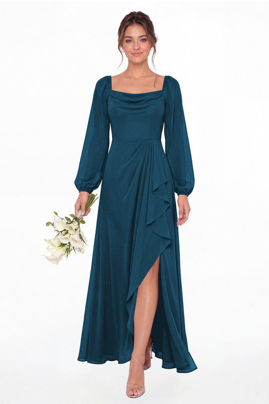 Teal Cowl Neck Long Sleeve Chiffon Slit Maxi Dress - Front View