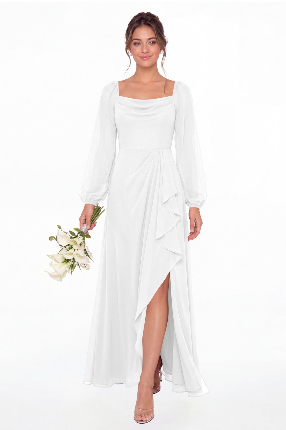 White Cowl Neck Long Sleeve Chiffon Slit Maxi Dress - Front View